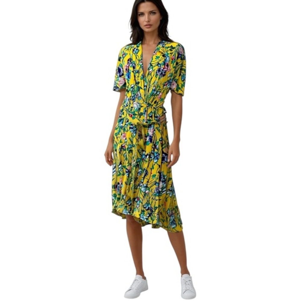 Michelle Stuart Vintage Yellow Floral Dress Shoulder Pads and Belt Size 6